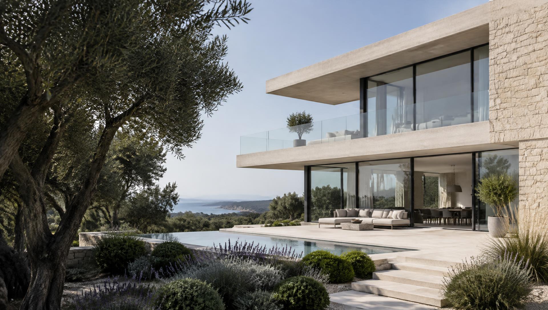 Arquitectura contemporánea con grandes ventanales y fachada de piedra